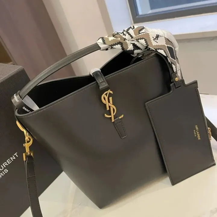 Saint Laurent Black Bucket Bag with Pouch and Gold Hardware
