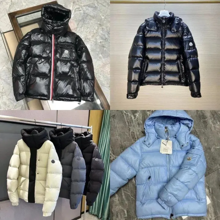 Moncler Glossy Hooded Puffer Jacket in Black, Blue & Cream