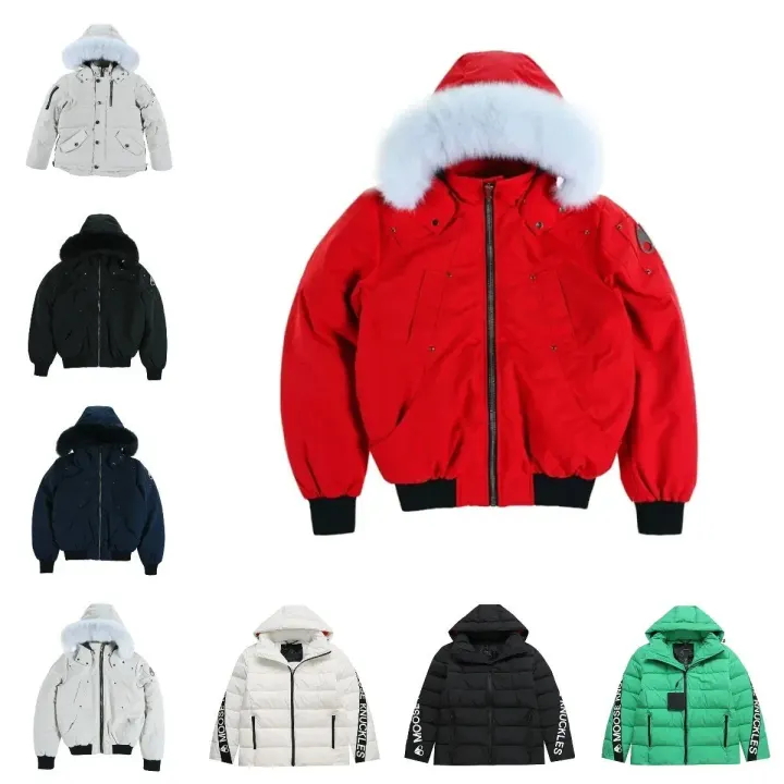 Moose Knuckles Red Hooded Puffer Jacket with Fur-Trim Hood