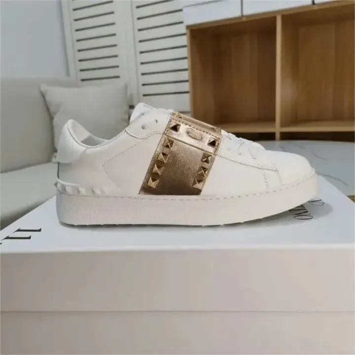 Valentino White Low-Top Sneakers with Gold Studded Side Panel