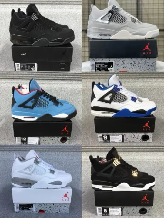 Jordan 4 Retro Sneakers in Black, White, Blue and Grey Colorways