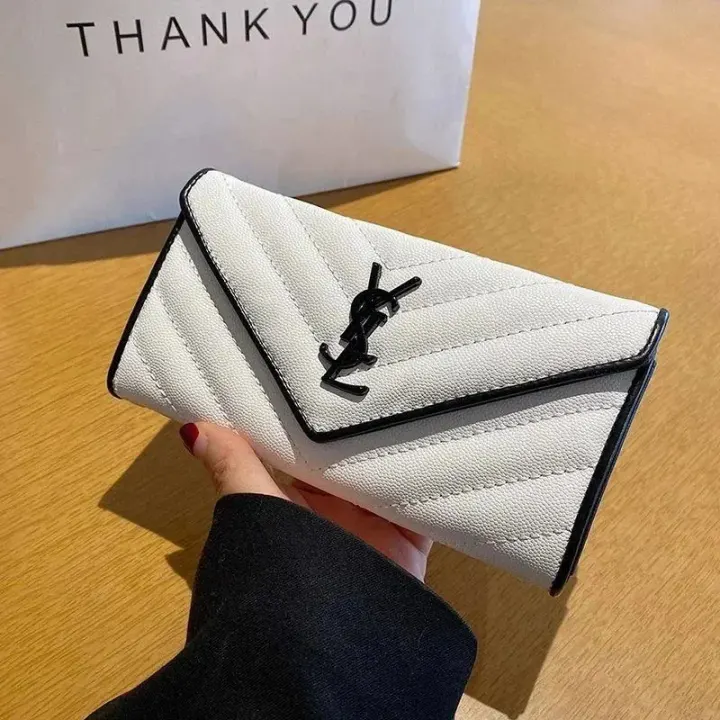 Saint Laurent White Quilted Envelope Wallet with Black Trim