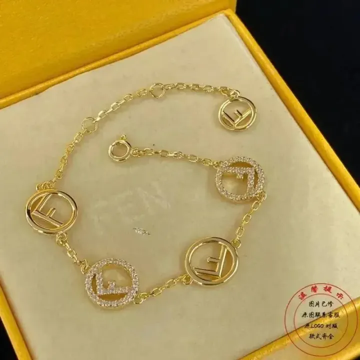 Fendi Gold-Tone F Logo Crystal Charm Bracelet