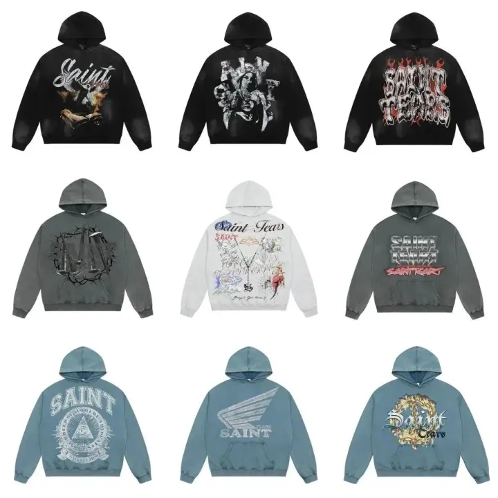 Saint Tears Graphic Print Hoodie in Black and Washed Blue