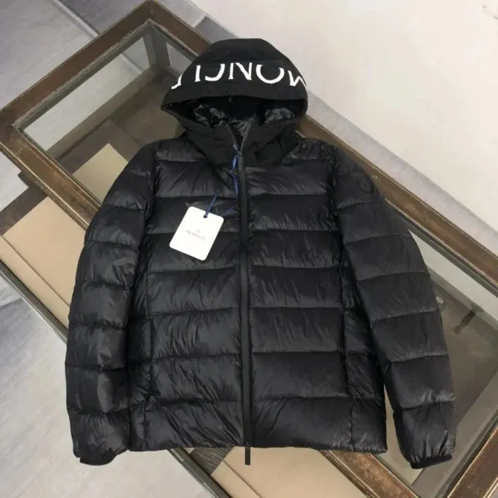 Moncler Black Hooded Puffer Jacket with Logo Print Hood