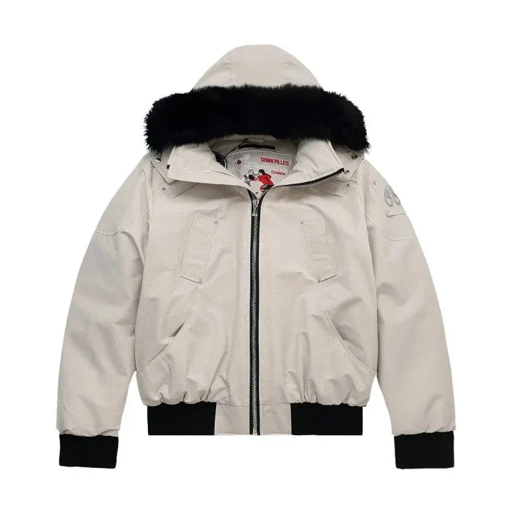 Moose Knuckles Cream Hooded Down Jacket with Black Fur Trim