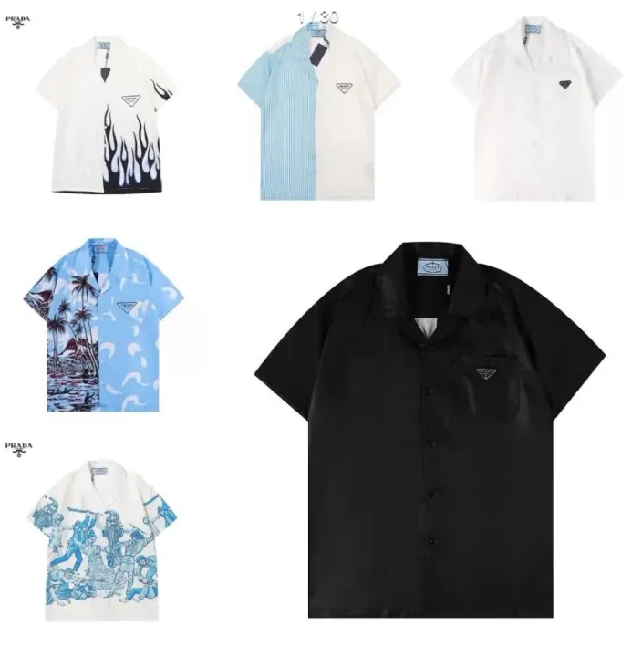 Prada Kurzarm-Camp-Hemd in Schwarz mit blauen Grafikmotiven