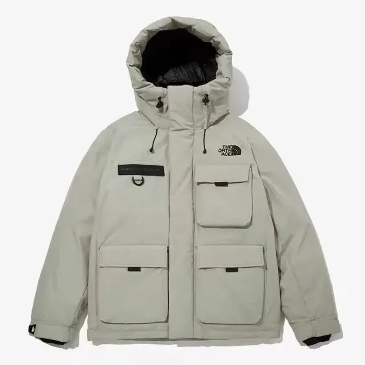 The North Face Light Gray Multi-Pocket Hooded Puffer Jacket