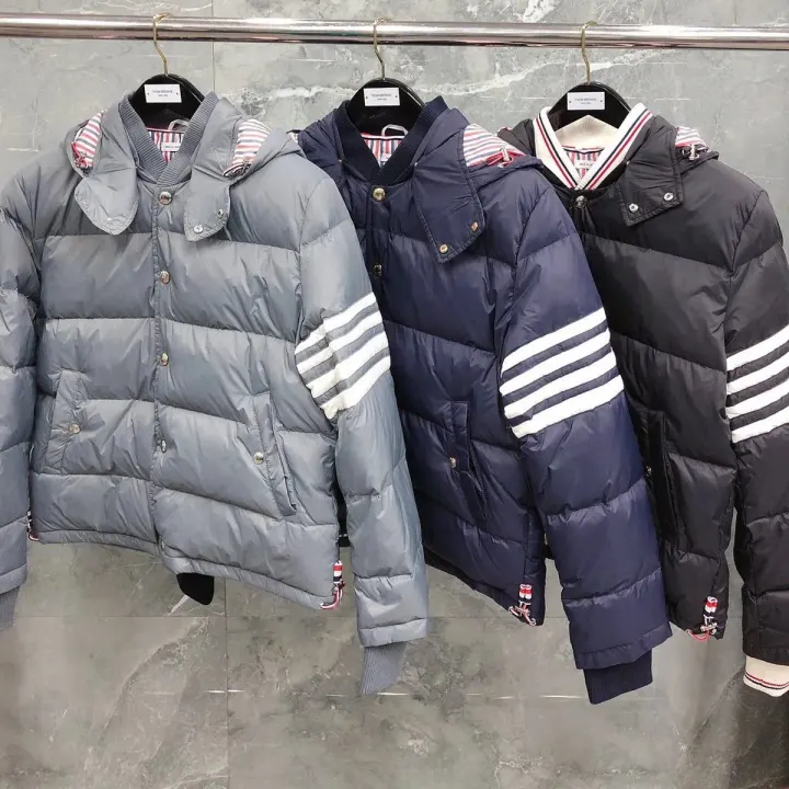 Thom Browne Detachable Hood Puffer Jacket in Gray, Navy & Black