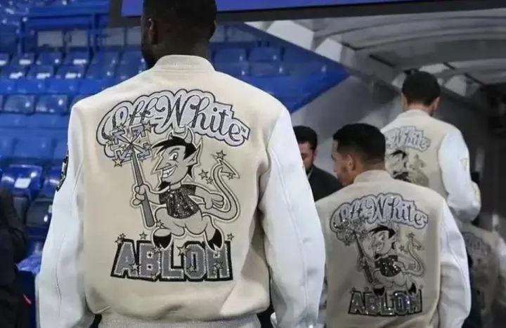 Off-White Cream Varsity Jacket with Devil Back Graphic