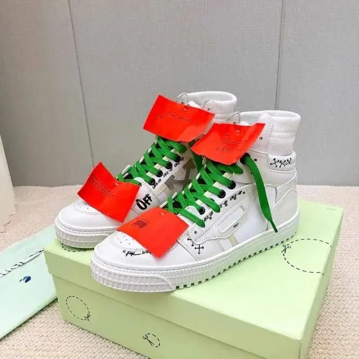 Off-White White High-Top Sneakers with Green Laces and Orange Tags