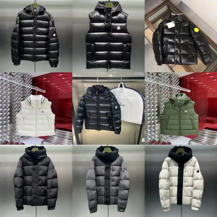 Moncler Glossy Hooded Puffer Jacket in Black, White, Olive and Grey