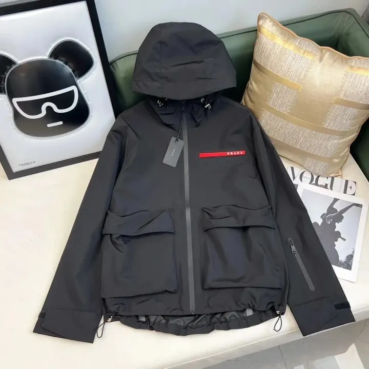 Prada Black Hooded Utility Jacket with Red Logo Patch