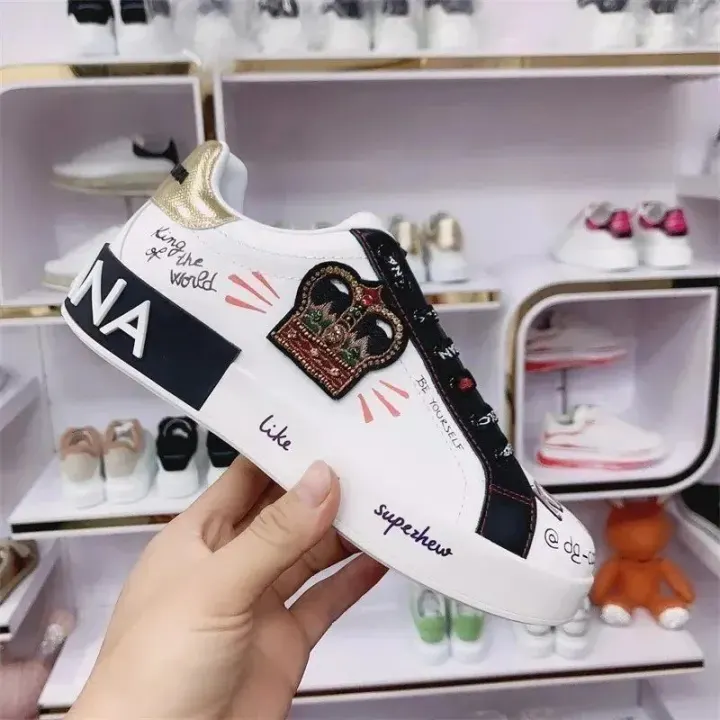 Dolce & Gabbana White Black Graphic Print Crown Sneakers