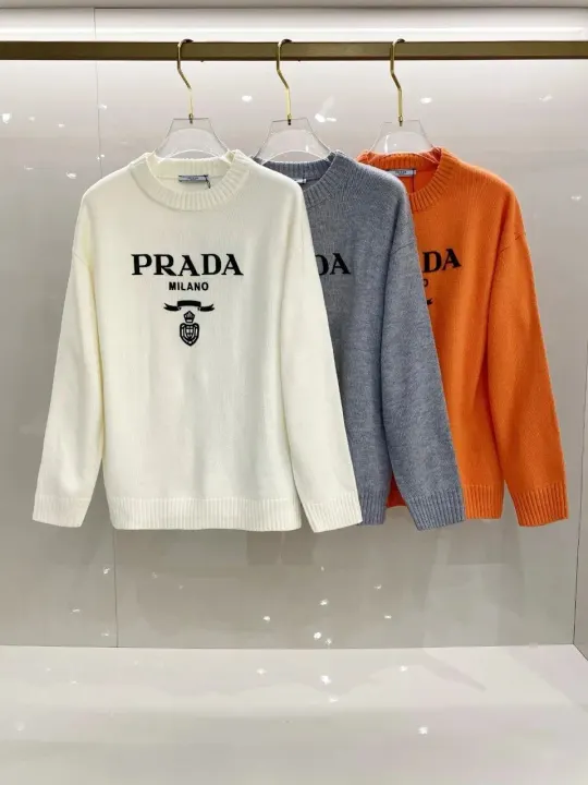 Prada Logo Knit Sweater in Ivory, Grey & Orange
