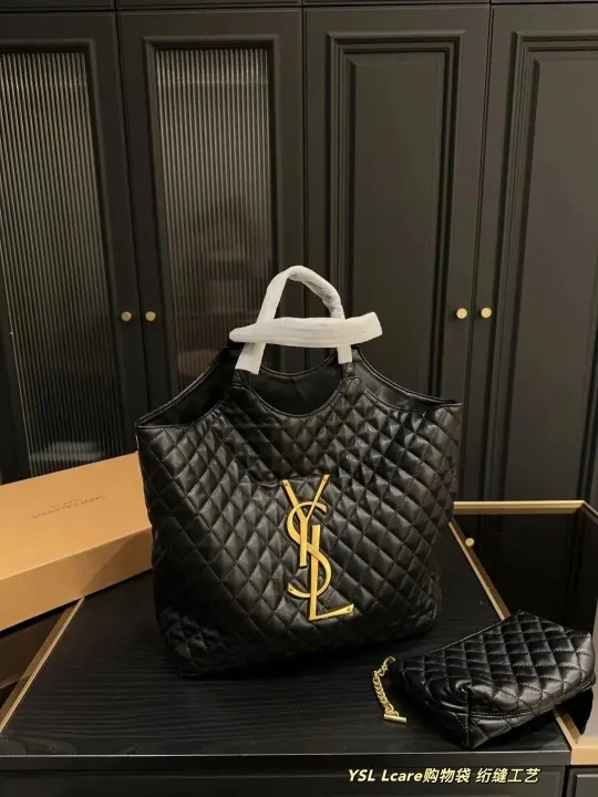 Saint Laurent Black Quilted Tote Bag with Gold Logo