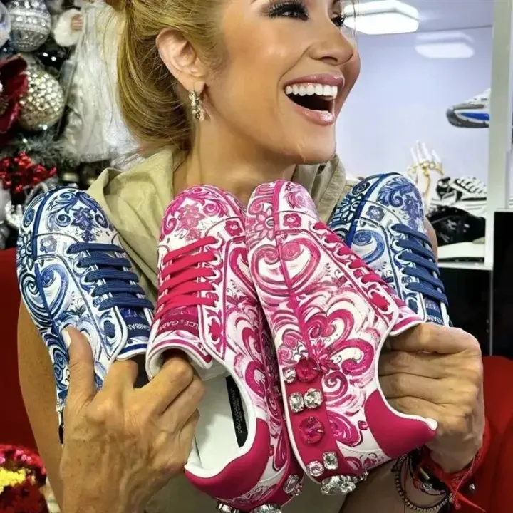 Dolce & Gabbana Majolica Print Lace-Up Sneakers in Blue and Pink