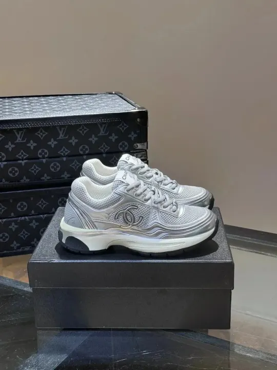 Chanel CC Logo Mesh and Leather Sneakers in Silver and White