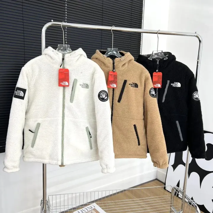 The North Face Fleece-Lined Hooded Jacket in White, Beige, and Black