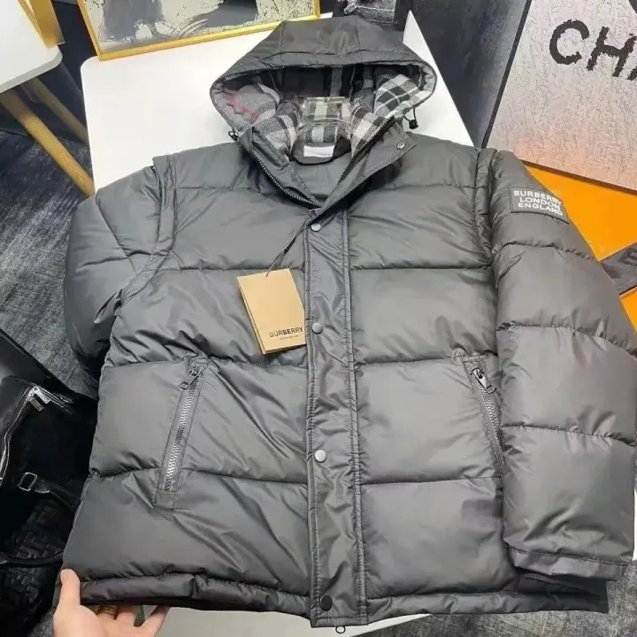 Burberry Grey Hooded Puffer Jacket with Check-Lined Hood