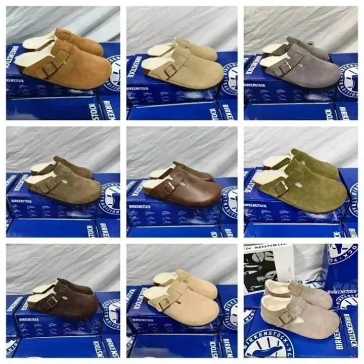 Birkenstock Suede Shearling Clog Sandals in Tan