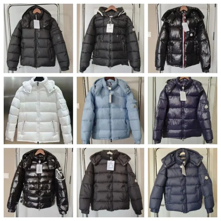 Moncler Hooded Puffer Jacket in Black, White, Blue, and Purple