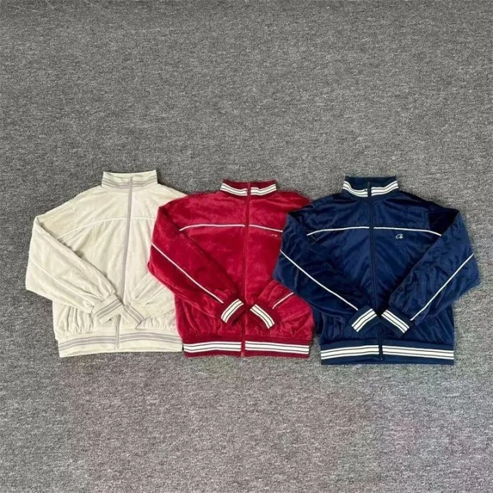 Corteiz Velour Tracksuit Set in Navy, Red, and Cream