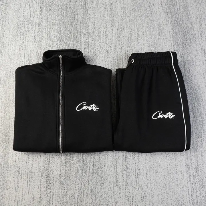 Corteiz Black Zip-Up Jacket and Pants Matching Set