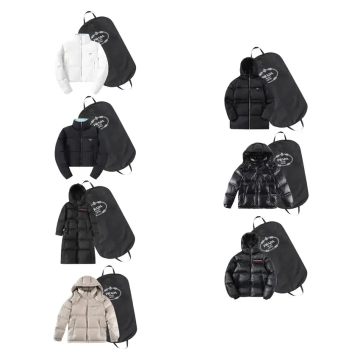 Prada Puffer Jacket in Black, White, and Beige