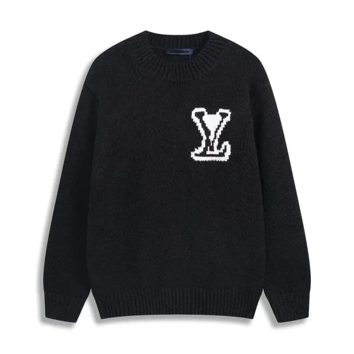 Louis Vuitton Crewneck Knit Sweater with LV Chest Patch, Black/Brown/Red