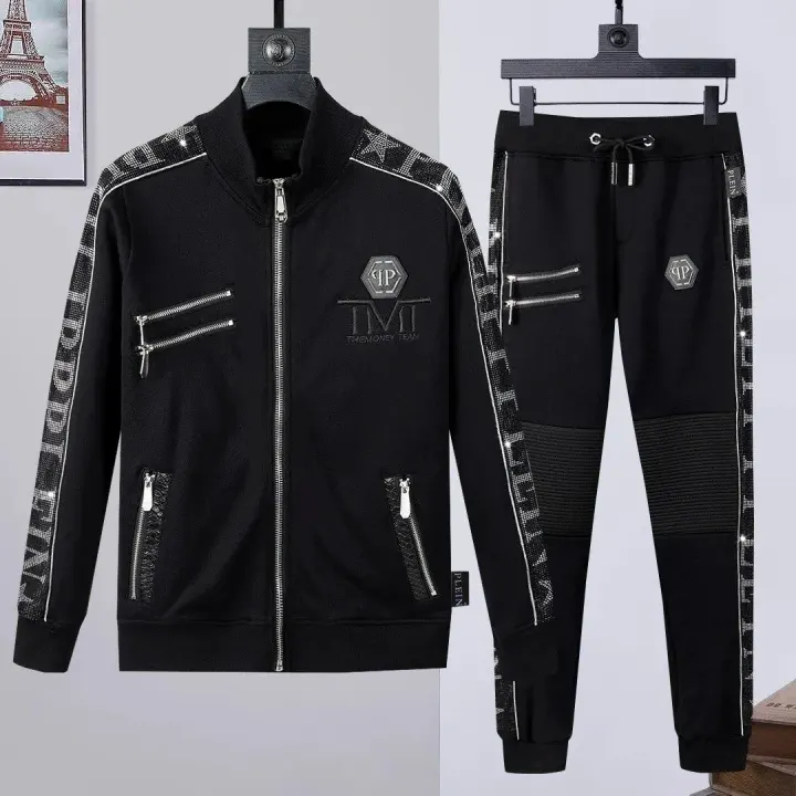 Philipp Plein Black Rhinestone Trim Zip-Up Jacket & Jogger Set