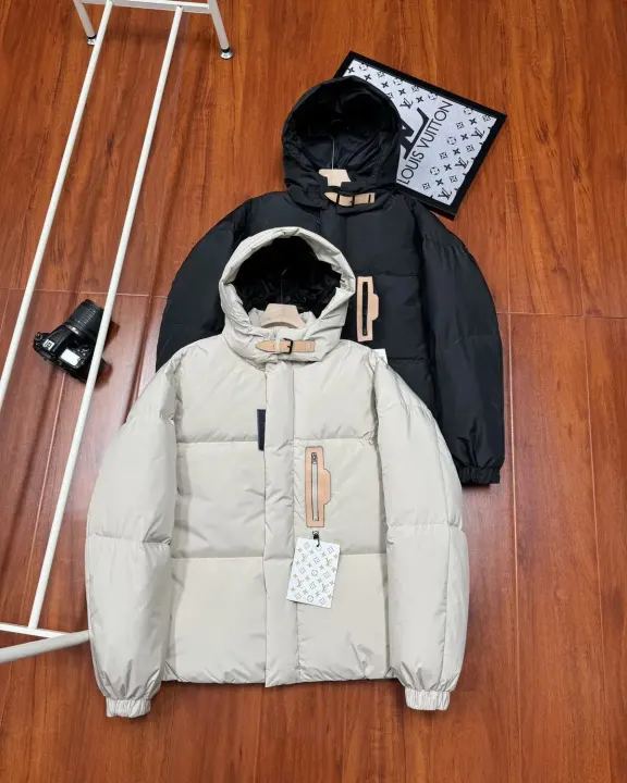 Louis Vuitton Hooded Puffer Jacket in Black and Beige