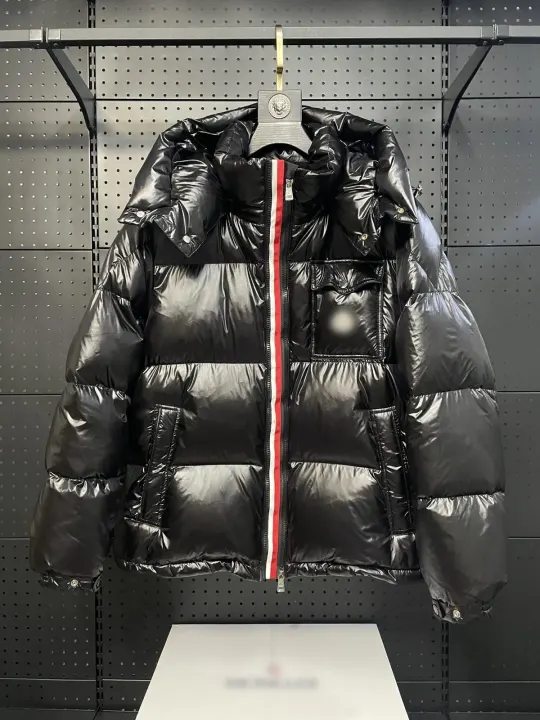 Moncler Black Puffer Jacket with Red and White Stripe Zip