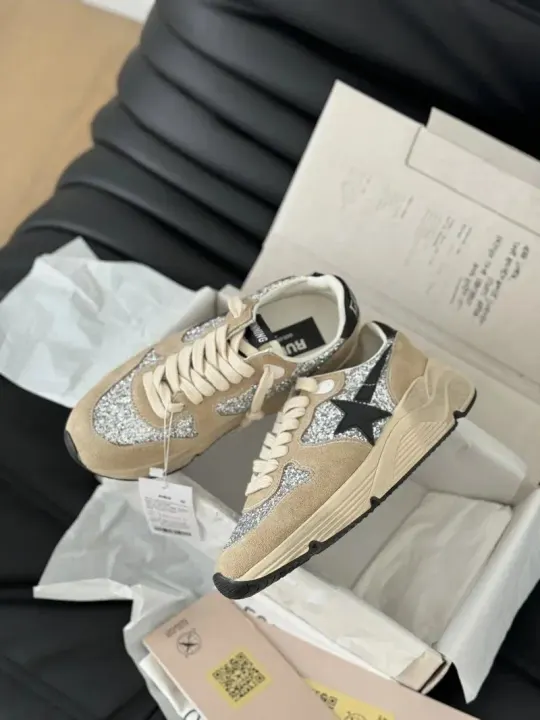 Golden Goose Glitter Suede Dad Star Sneakers in Beige