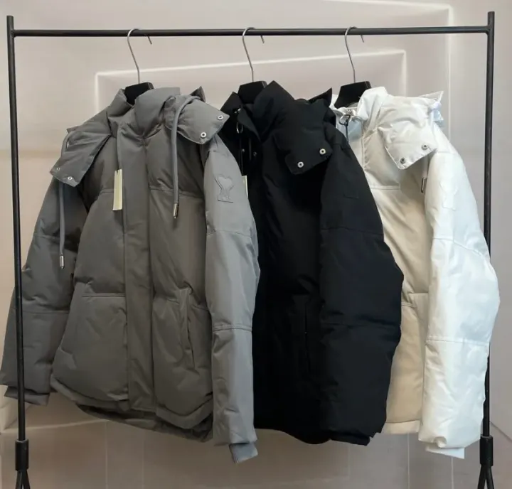 Ami Hooded Puffer Jacket in Grey, Black, and White