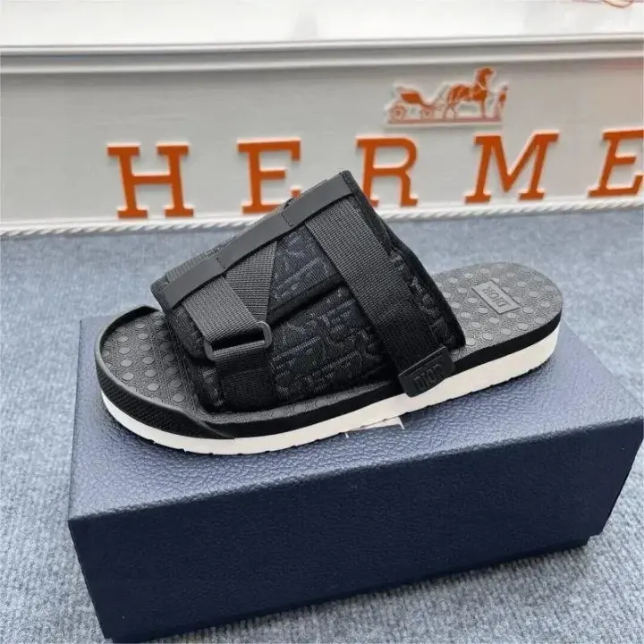 Hermes Black Sport Slides with Textured Strap