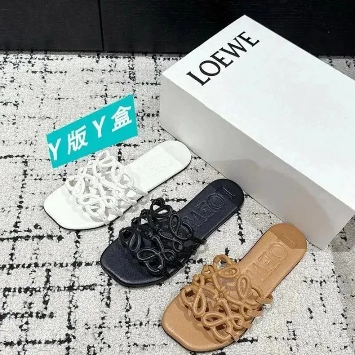Loewe Logo Strap Slides in White, Black and Tan