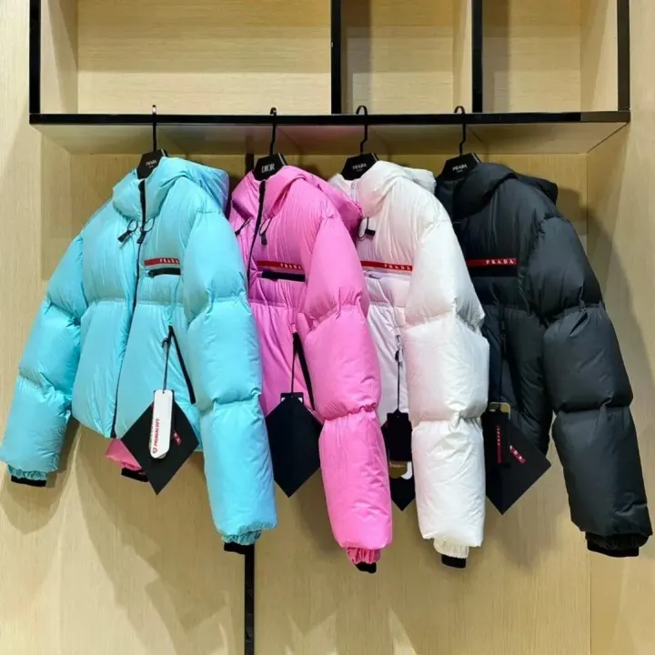 Prada Hooded Puffer Jacket in Cyan, Pink, White, and Black
