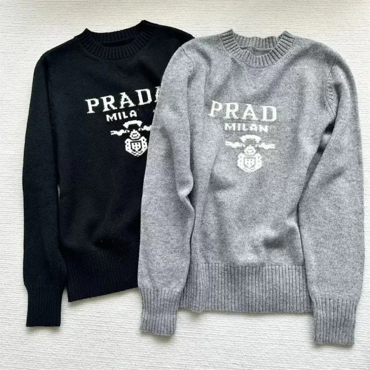 Prada Logo Knit Sweater in Black and Gray