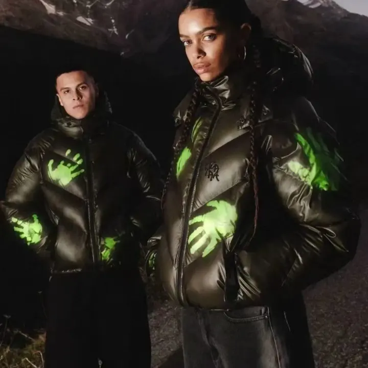 Hellstar Black Puffer Jacket with Neon Green Hand Graphic