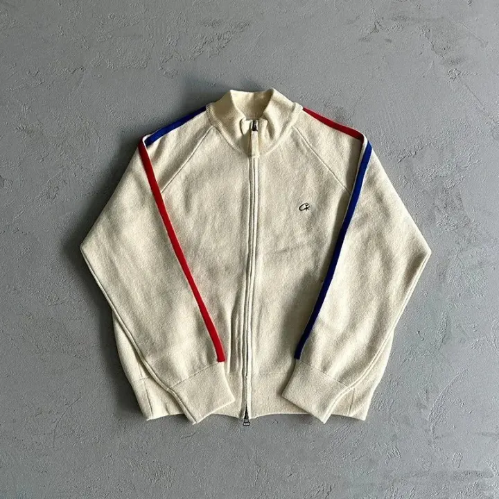 Corteiz Cream Zip-Up Knit Jacket with Red and Blue Stripes