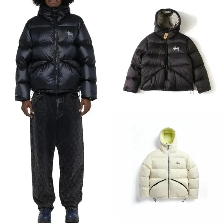 Stüssy Hooded Puffer Jacket in Black and Cream