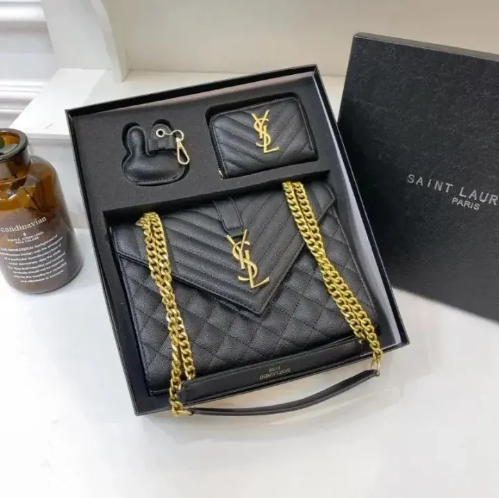 Saint Laurent Black Quilted Handbag and Wallet Gift Set