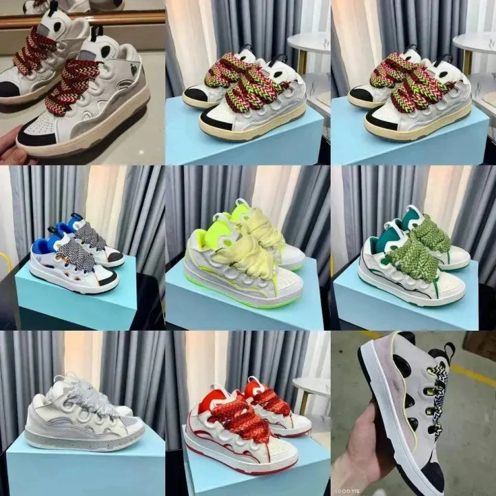 Lanvin Chunky Leather Suede Sneakers in White with Burgundy Laces