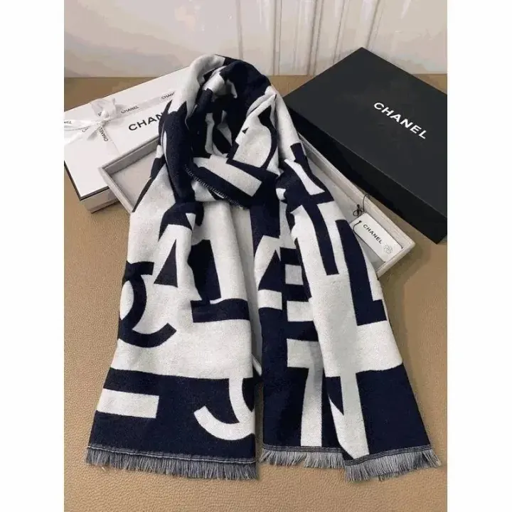 Chanel Navy Logo Scarf in White