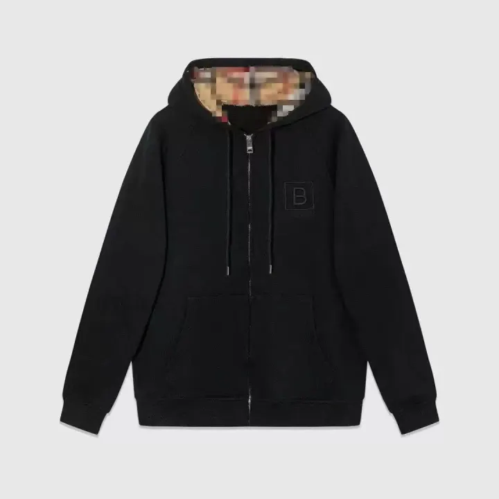 Burberry Black Zip Hoodie with Check-Lined Hood