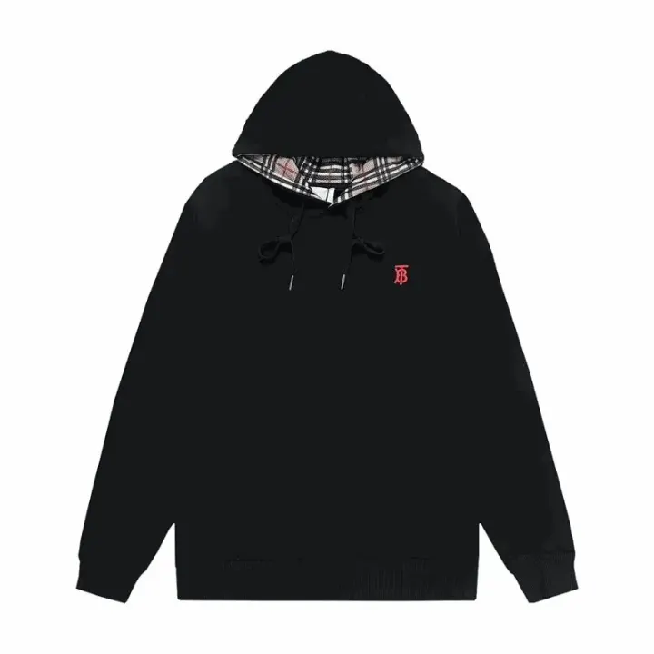 Burberry Black Hoodie with Check Hood Lining and Monogram Logo