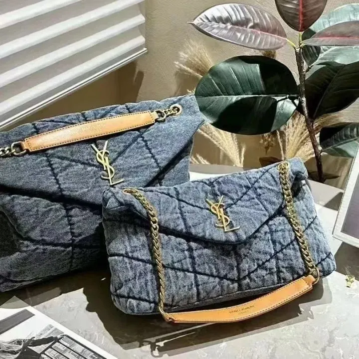 Saint Laurent Quilted Denim Handbag with Gold Chain Strap