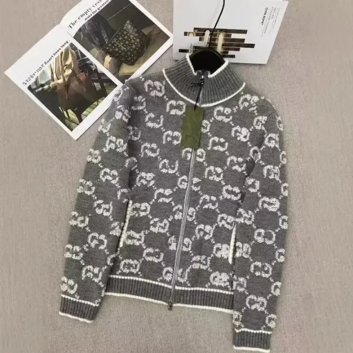 Gucci Szara Kurtka Z Dzianiny W Monogram W Stylu Zip-Up
