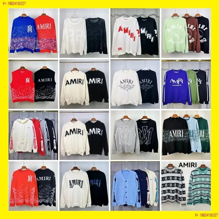 AMIRI Distressed Logo Knit Sweater in Black, White, Red and Blue